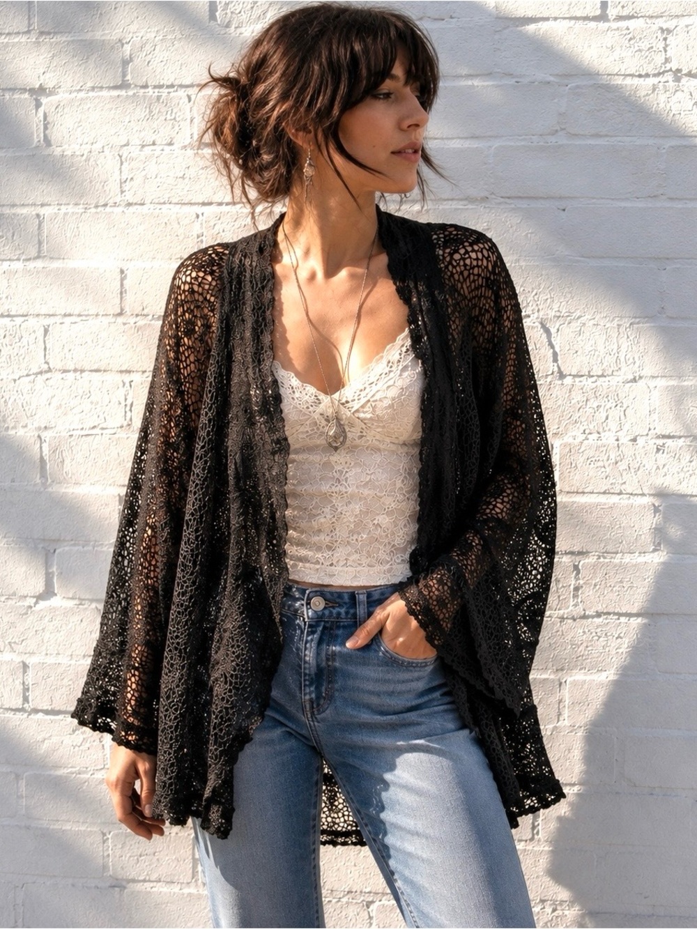Open front crochet cardigan kimono xl black witchy goth romantic indie